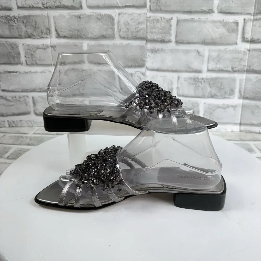 J. Renee Vintage Silver Metallic Leather Women's Size 8.5 Beaded Slide Sandals